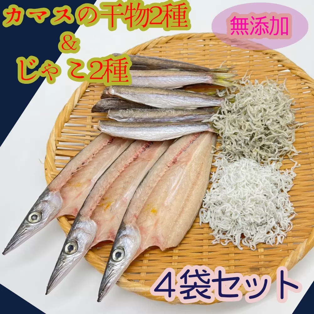 無添加 カマスの干物２種＆じゃこ２種 計４袋詰め合わせセット 丸干し めざし 惣菜 ちりめんじゃこ かちりじゃこ しらす 食べ比べ 焼き魚【R00824】