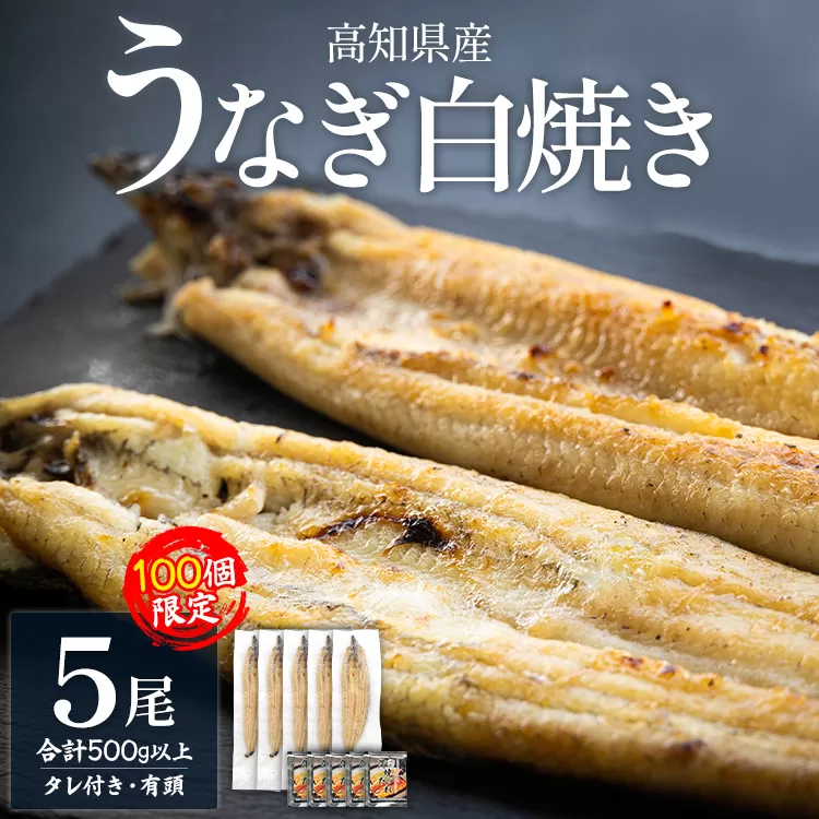 【限定100個】高知県産うなぎの白焼き 100ｇ～120ｇ×5尾 - 国産 鰻 ウナギ 有頭 背開き タレ付き つまみ ご飯のお供 老舗 土佐湾 吉川水産 高知県 香南市 冷凍 yw-0085