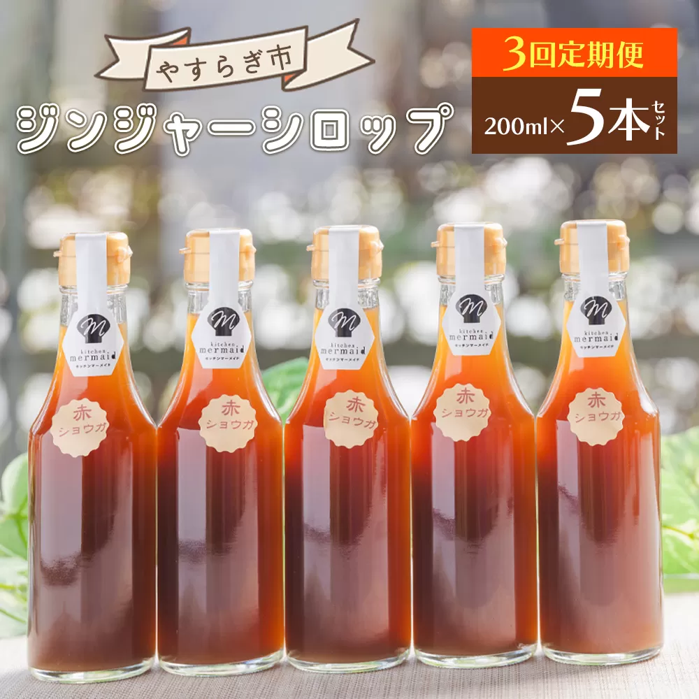 【3回定期便】やすらぎ市 ジンジャーシロップ200ml×5本 - 赤生姜 ショウガ あか しょうが 贈り物 おすそ分け 特産品 ジンジャーエール 料理 調味料 手作りドリンク お菓子 お歳暮 御歳暮 高知県 香南市 Wyr-0050