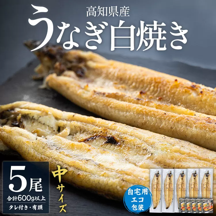 高知県産うなぎの白焼き 中サイズ 5尾(合計600g以上)タレ付き 自宅用エコ包装 - 鰻 ウナギ 有頭 つまみ ご飯のお供 簡易包装 家庭用 老舗 国産 土佐湾 丑の日 吉川水産 高知県 香南市[冷凍] yw-0047