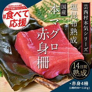 KGP018　緊急支援 芸西村本気の人気海鮮『塩昆布14日間熟成 本マグロ（赤身）柵（4P）』本まぐろ 刺身 刺し身 魚 惣菜 海鮮丼 魚介類 食べきりサイズ 小分け 冷凍 天然 ギフト お祝い フードロス 食べて応援