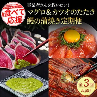 t129kyf-kgp　コロナ支援事業者さんを救いたい3か月定期便／1回目：マグロの漬け丼、2回目：芸西村本気極カツオのたたき（2～3人前）×2節、銀象ソルト+有機無添加土佐にんにくぬた、3回目：本気の高知ブランド鰻「西岡うなぎ」～並～うなぎの蒲焼き2尾セット（約250g）