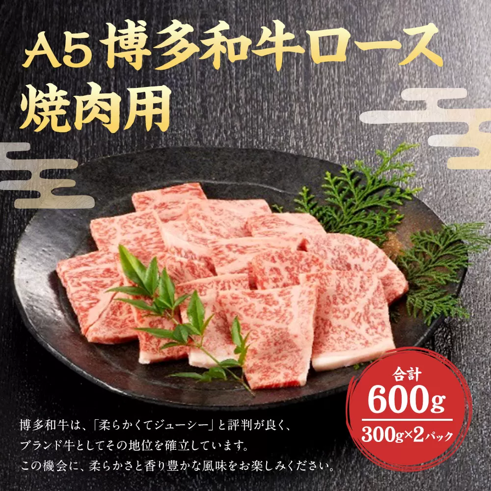 福岡県産 A5 博多 和牛 ロース 焼肉用 600g(300g×2パック) 冷凍 岡垣町