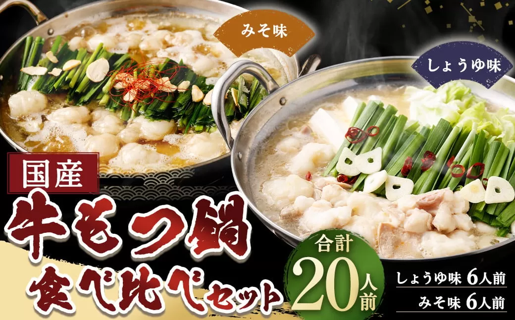 【岡垣町限定】 国産牛もつ鍋20人前 ちゃんぽん 2つの味が楽しめる濃縮スープ付（醤油味＆みそ味） 2種類 もつ ホルモン 鍋 お鍋 セット 冷凍 岡垣町