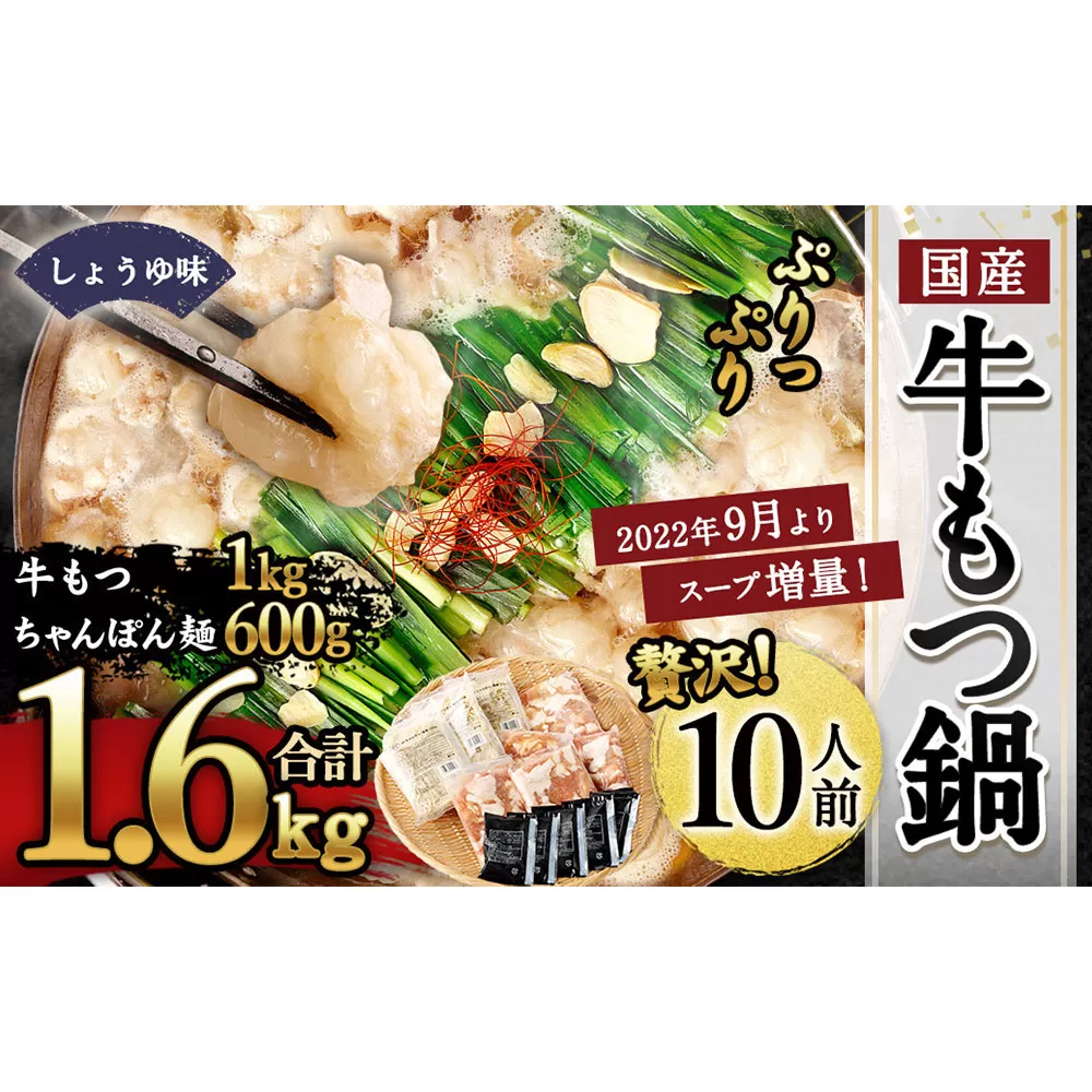 【2024年3月発送】国産牛 もつ鍋 10人前 牛もつたっぷり 1,000g 冷凍ちゃんぽん 濃縮スープ付 岡垣町