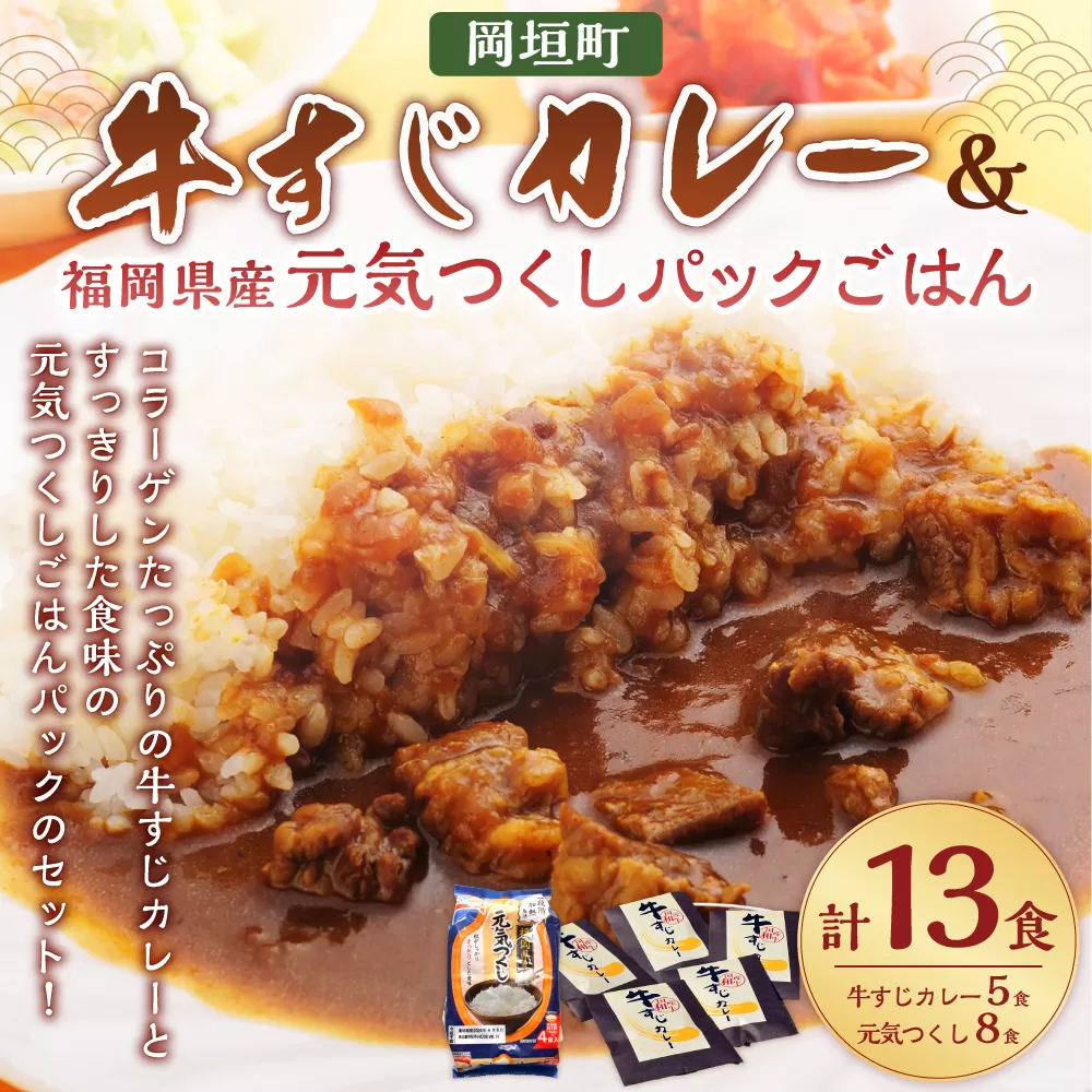 本格派の牛すじカレー5食＆福岡県産元気つくしパックごはん 電子レンジ対応8食セット カレー セット レトルト 岡垣町