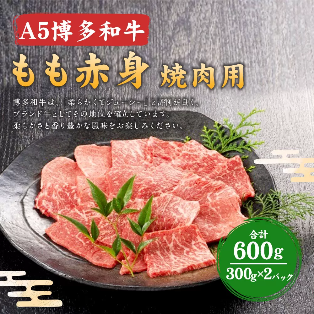 福岡県産 A5 博多 和牛 もも 赤身 焼肉用 600g(300g×2パック)  冷凍 岡垣町