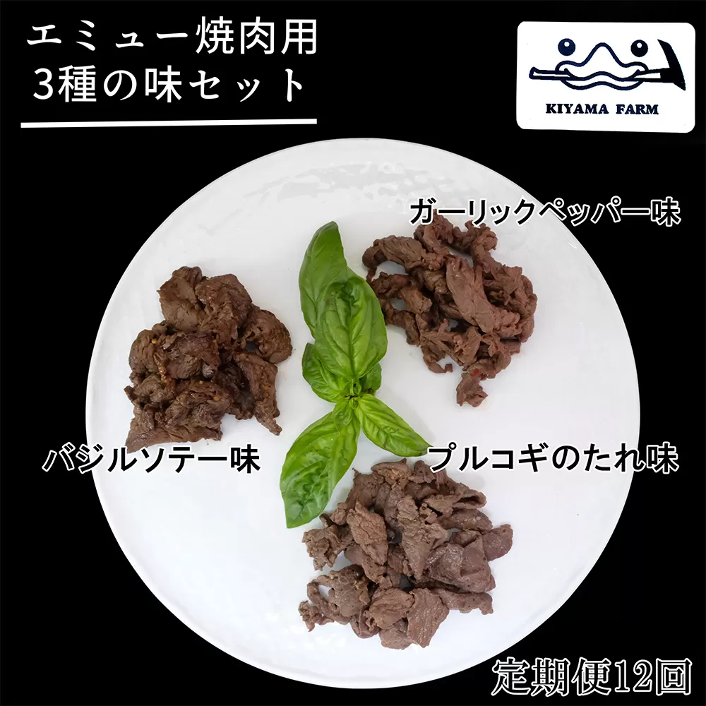 【12か月定期便】エミュー焼肉用3種の味セット【エミュー 基山産 高タンパク 高鉄分 低カロリー ヘルシー ジビエ 貴重肉 鉄分補給】JE6-E006304