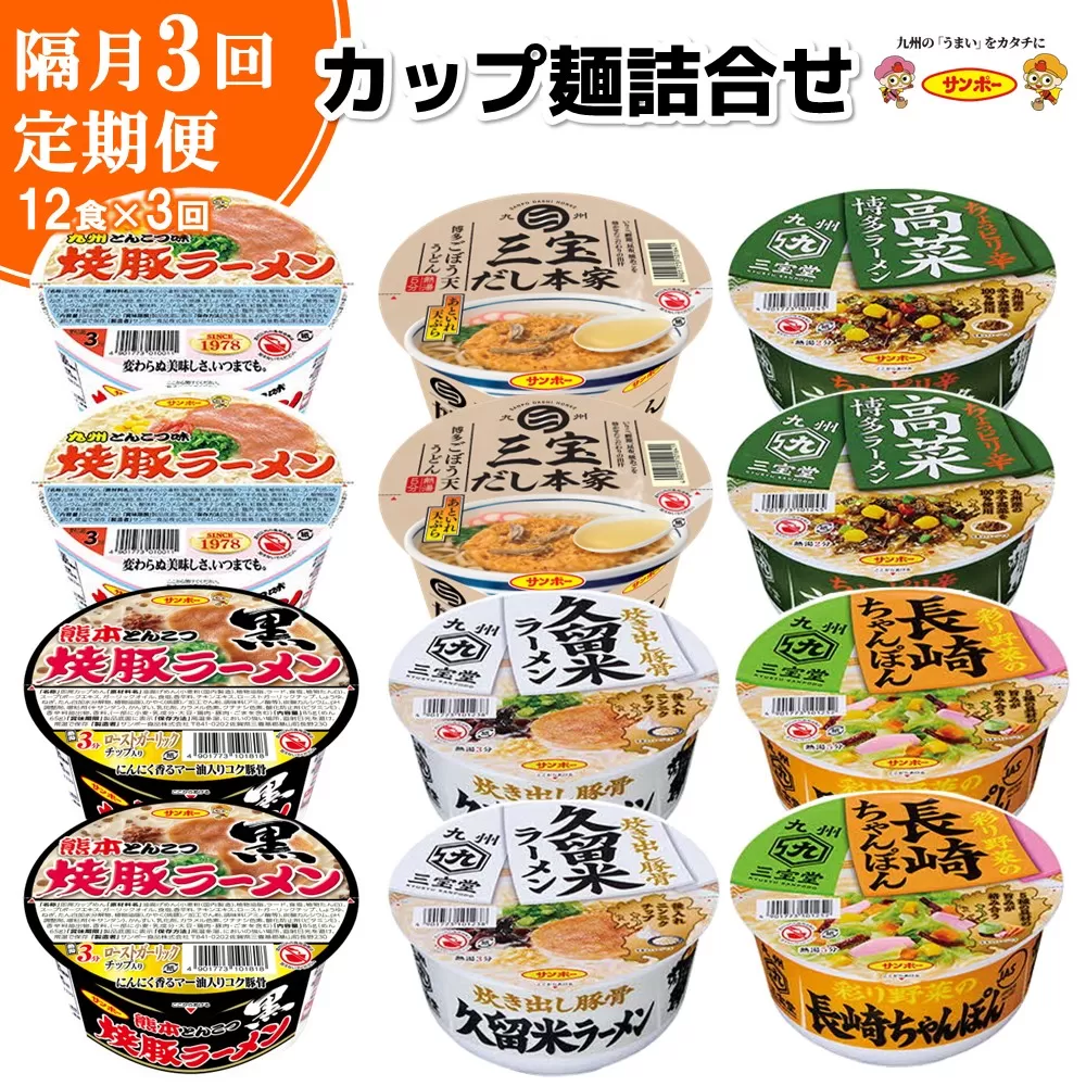 【隔月定期便】カップ麺詰め合わせ 12食入1ケース【サンポー サンポー食品 カップ麺 カップラーメン 焼豚ラーメン ラーメン うどん 麺】B9-E001302