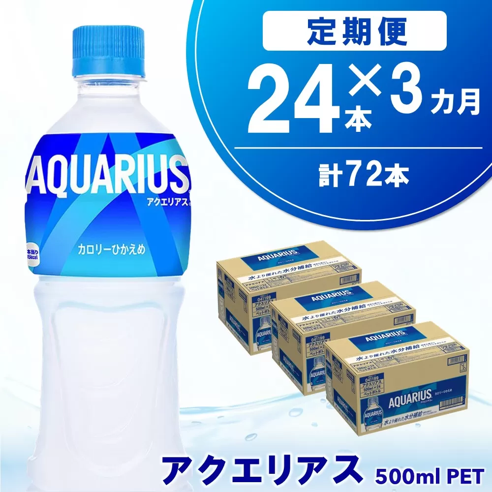 【3か月定期便】アクエリアス 500mlPET×24本【コカコーラ 熱中症対策 スポーツ飲料 スポーツドリンク 水分補給 カロリーオフ ペットボトル 健康 スッキリ ミネラル アミノ酸 クエン酸 リフレッシュ 常備 保存 買い置き】B4-E090386