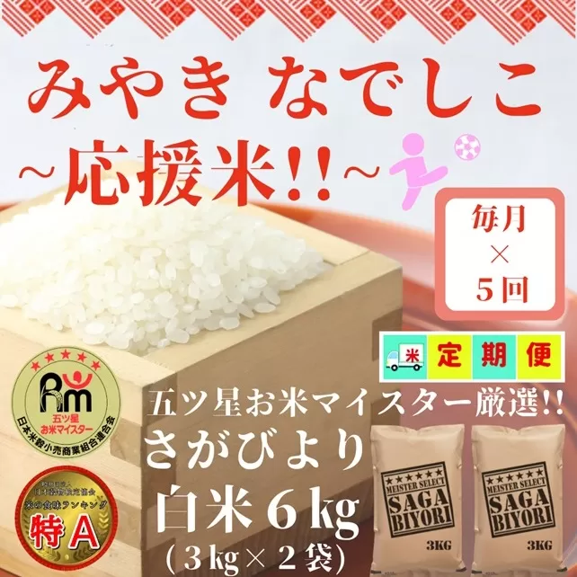 CI744_【みやきなでしこ】応援米【５回定期便】さがびより白米６kg（３kg×２袋）