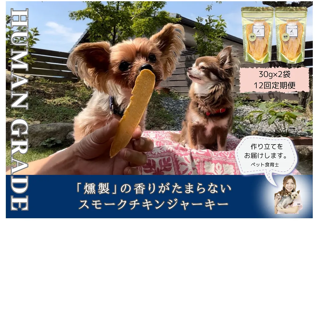 FB167_犬の無添加おやつ☆燻製の香りがたまらないスモークチキンジャーキー【12回定期便】