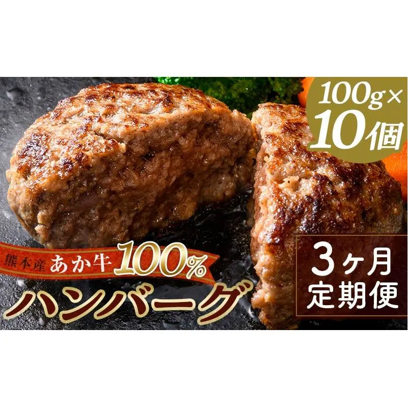 FKK19-225_【3ヵ月定期便】あか牛100％ハンバーグ（100g×10個） 熊本県 嘉島町