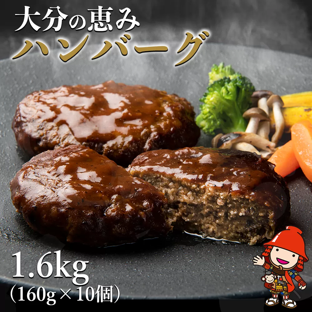 大分の恵みハンバーグ 1.6kg (160g×10個) 牛肉 豚肉 ハンバーグ 弁当 惣菜 冷凍 共通返礼品 中津市 豊後高田市 日出町 佐伯市 杵築市 竹田市 国東市 大分市 送料無料