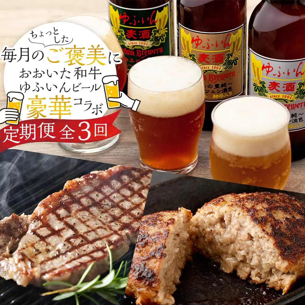 【定期便 全3回】毎月のご褒美に♪おおいた和牛・ゆふいんビール の豪華コラボ定期便（和牛ハンバーグ10個・ビール６本・サーロインステーキ３枚）