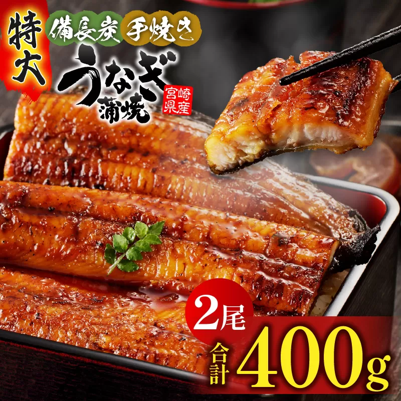 【宮崎県産】特大うなぎ備長炭手焼き蒲焼2尾(400g)_M159-009