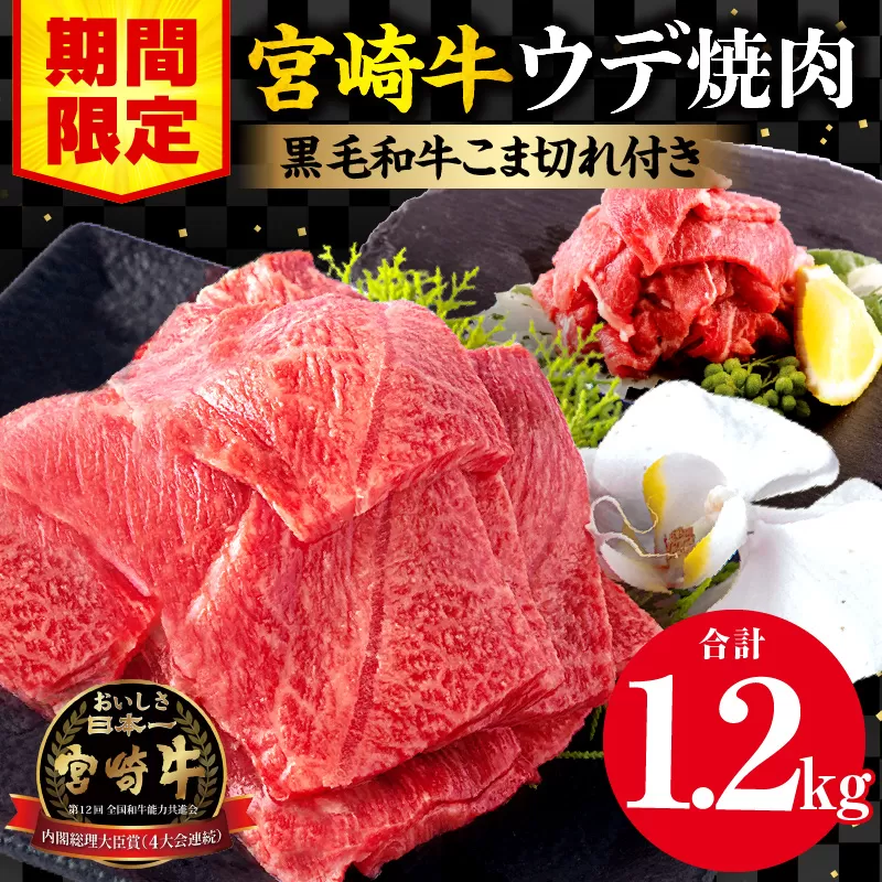 【期間限定】宮崎牛ウデ焼肉500g×2 宮崎県産黒毛和牛小間切れ100g×2 合計1.2kg_M132-022-01-UP