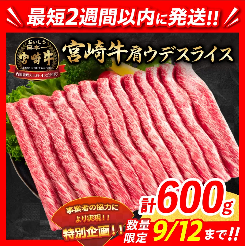 【最短2週間以内で発送】数量限定 期間限定 宮崎牛 肩ウデ スライス 計600g 肉 牛肉 国産 すき焼き 人気 黒毛和牛 赤身 しゃぶしゃぶ A4 A5 等級 ギフト 贈答 小分け 食品 ミヤチク 宮崎県 送料無料_BB131-23-ZO2-2W