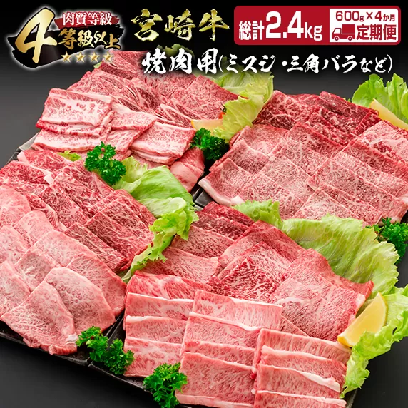 4か月 お楽しみ 定期便 宮崎牛 焼肉 バラエティ セット 総重量2.4kg 肉 牛 牛肉 黒毛和牛 モモ ミスジ イチボ バラ 国産 おかず 食品 BBQ 日南市 送料無料_JE3-23