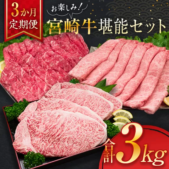 3か月 お楽しみ 定期便 宮崎牛 堪能 セット 合計3kg 肉 牛 牛肉 黒毛和牛 ロース 肩ロース モモ ステーキ しゃぶしゃぶ 国産 おかず 食品 焼肉 日南市 送料無料_KF1-23