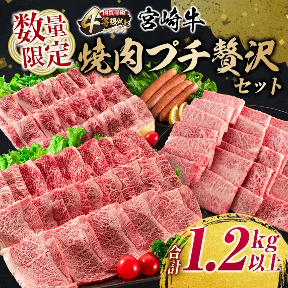 数量限定 宮崎牛 焼肉 プチ 贅沢 セット 合計1.2kg以上 牛肉 ウデ モモ バラ 粗挽き ウインナー 黒毛和牛 ミヤチク 国産 ブランド牛 おかず 食品 BBQ 鉄板焼き 高級 ご褒美 お祝 記念日 ギフト 贈り物 プレゼント お取り寄せ グルメ 宮崎県 日南市 送料無料_EB12-23