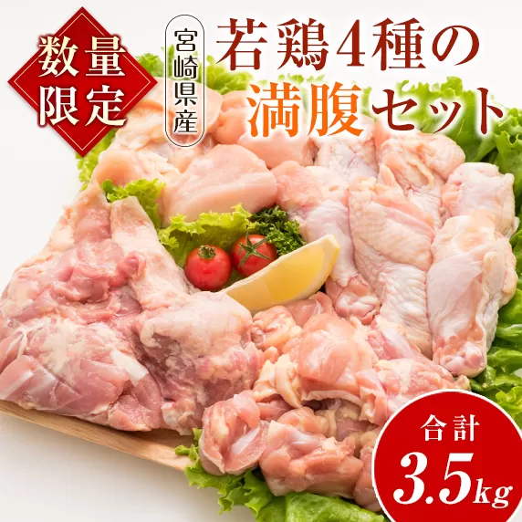 数量限定 若鶏 4種 満腹 セット 合計3.5kg 鶏肉 チキン もも むね 手羽元 切り身 国産 食品 おかず お弁当 おつまみ 万能食材 焼肉 BBQ から揚げ 照り焼き 煮物 ご褒美 お祝い 記念日 おすすめ 冷凍 お取り寄せ グルメ 詰め合わせ 宮崎県 日南市 送料無料_BC68-23