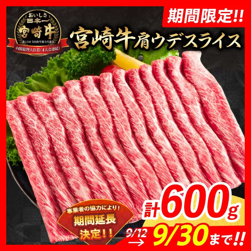 【令和6年10月発送】数量限定 期間限定 宮崎牛 肩ウデ スライス 計600g 肉 牛肉 国産 すき焼き 人気 黒毛和牛 赤身 しゃぶしゃぶ A4 A5 等級 ギフト 贈答 小分け 食品 ミヤチク 宮崎県 送料無料_BB131-23-ZO2-10