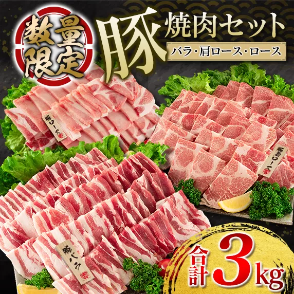 数量限定 豚肉 焼肉 セット 合計3kg 豚バラ 豚ロース ポーク 詰め合わせ 国産 宮崎県産 ミヤチク おかず お弁当 おつまみ 食べ比べ 食品 バーベキュー キャンプ グランピング 人気 おすすめ 小分け お祝 記念日 バラエティ お取り寄せ 日南市 送料無料_D88-23