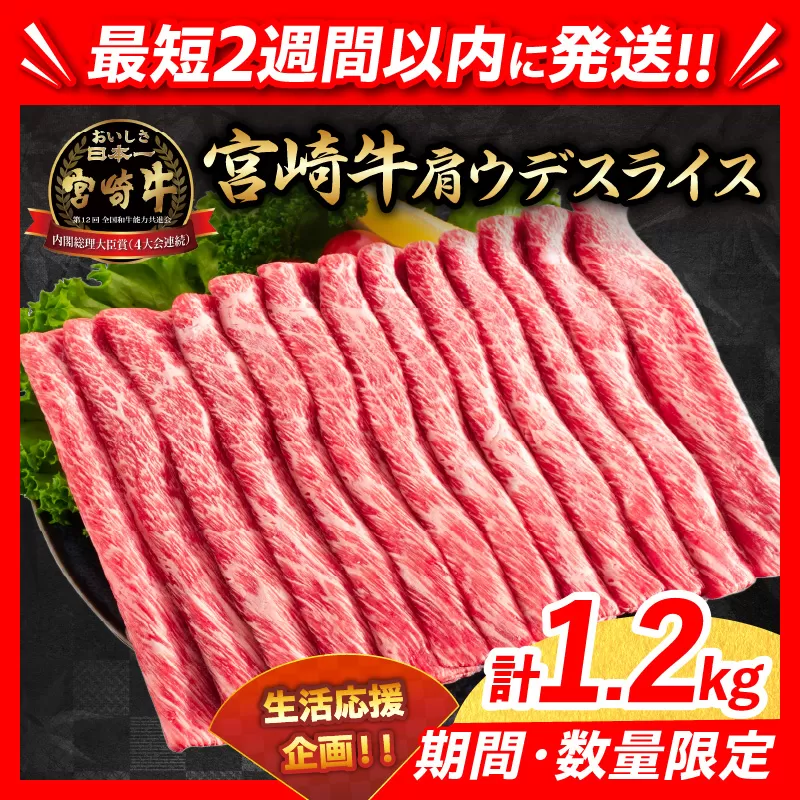 【2週間以内で発送】数量限定 期間限定 宮崎牛 肩ウデ スライス 計1.2kg 肉 牛肉 国産 すき焼き 人気 黒毛和牛 赤身 しゃぶしゃぶ A4 A5 等級 ギフト 贈答 小分け 食品 ミヤチク 宮崎県 日南市 送料無料_CA49-23-ZO2-2W