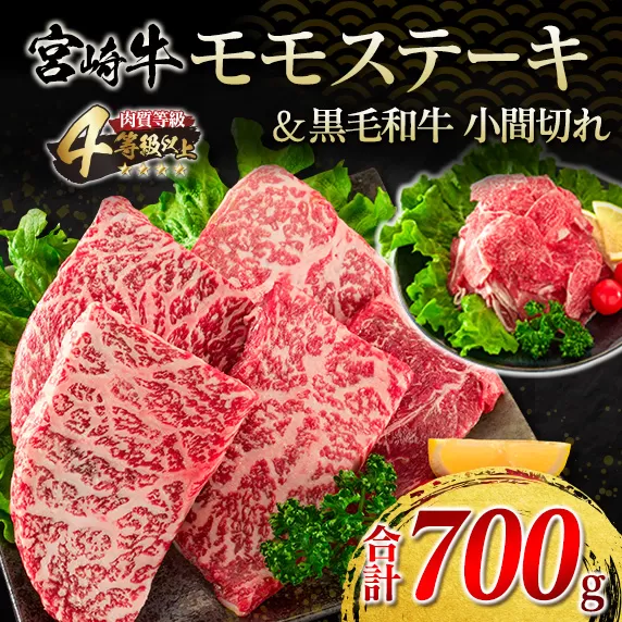 宮崎牛 モモ ステーキ 黒毛和牛 小間切れ セット 合計700g 牛肉 ビーフ 国産 ブランド牛 もも肉 おかず 食品 赤身肉 万能食材 焼肉 鉄板焼き 高級 贅沢 ご褒美 お祝い 記念日 人気 おすすめ 詰め合わせ お取り寄せ グルメ ディナー 宮崎県 日南市 送料無料_DA19-23