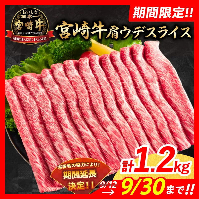 【令和6年11月配送】数量限定 期間限定 宮崎牛 肩ウデ スライス 計1.2kg 肉 牛肉 国産 すき焼き 人気 黒毛和牛 赤身 しゃぶしゃぶ A4 A5 等級 ギフト 贈答 小分け 食品 ミヤチク 宮崎県 送料無料_CA49-23-ZO2-11