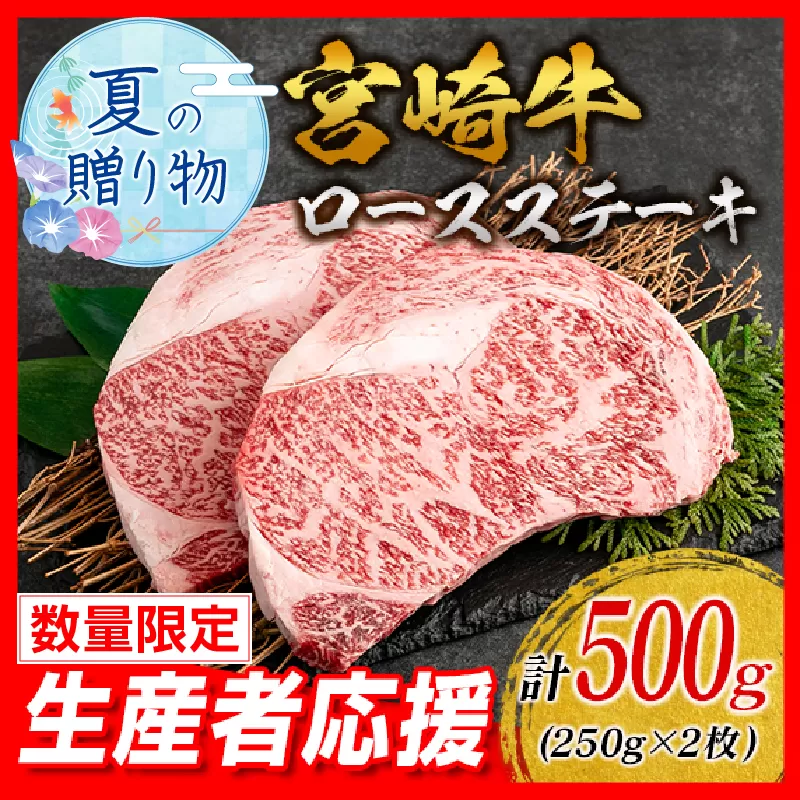 【お中元・夏の贈り物】生産者応援 数量限定 宮崎牛 ロース ステーキ 2枚 牛肉 ビーフ 黒毛和牛 ミヤチク 国産 ブランド牛 食品 おかず ディナー 人気 おすすめ 鉄板焼き 高級 贅沢 上質 ご褒美 お祝 記念日 イベント グルメ 宮崎県 日南市 送料無料_C119-242