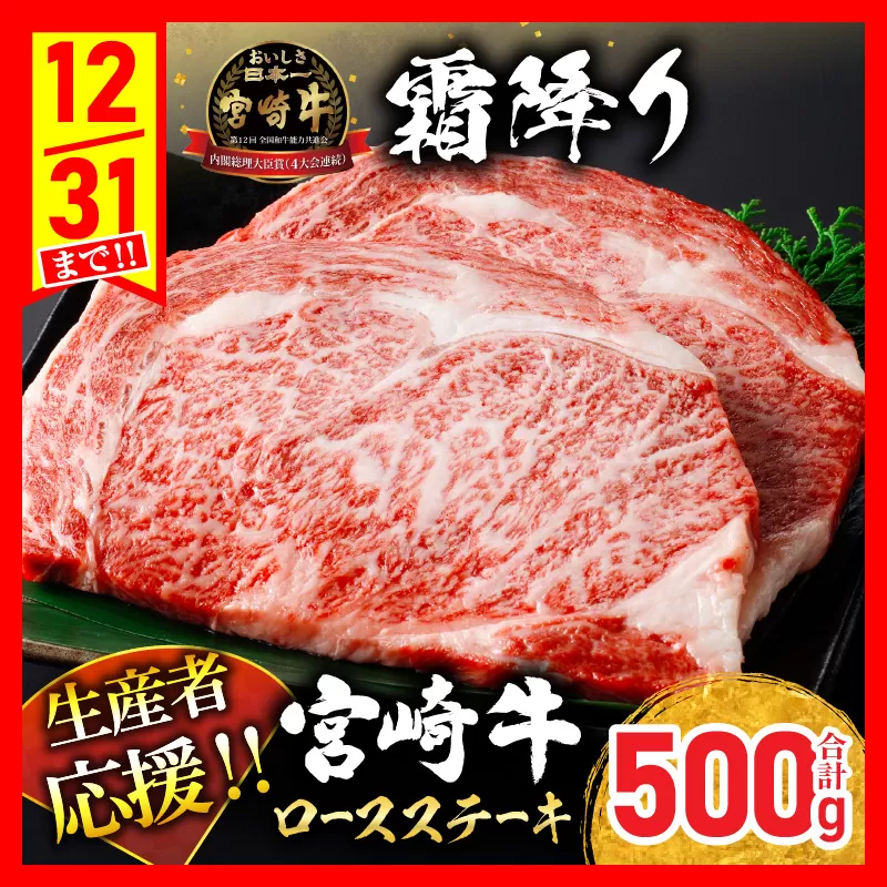 生産者応援 宮崎牛 ロースステーキ 2枚(計500g) 霜降り サーロイン リブロース 牛肉 黒毛和牛 ミヤチク 国産 焼肉 BBQ おかず 人気 おすすめ ギフト 贈り物 冷凍 宮崎県 日南市 送料無料_C119-24