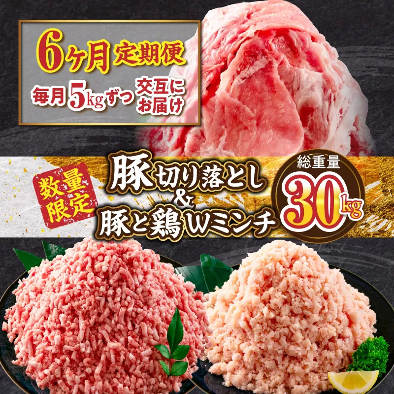 数量限定 6か月 お楽しみ 定期便 豚肉 鶏肉 ミンチ 豚 切り落とし セット 総重量30kg 6回 国産 おかず 食品 ひき肉 挽肉 万能食材 鍋 つくね ハンバーグ 豚丼 お祝 記念日 おすすめ お弁当 おつまみ 小分け 個包装 冷凍 おすそ分け 宮崎県 日南市 送料無料_MH2-24