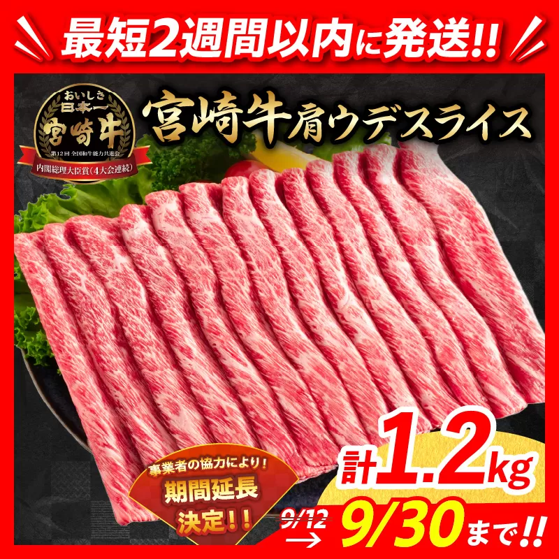 【最短2週間以内で発送】数量限定 期間限定 宮崎牛 肩ウデ スライス 計1.2kg 肉 牛肉 国産 すき焼き 人気 黒毛和牛 赤身 しゃぶしゃぶ A4 A5 等級 ギフト 贈答 小分け 食品 ミヤチク 宮崎県 送料無料_CA49-23-ZO2-2W