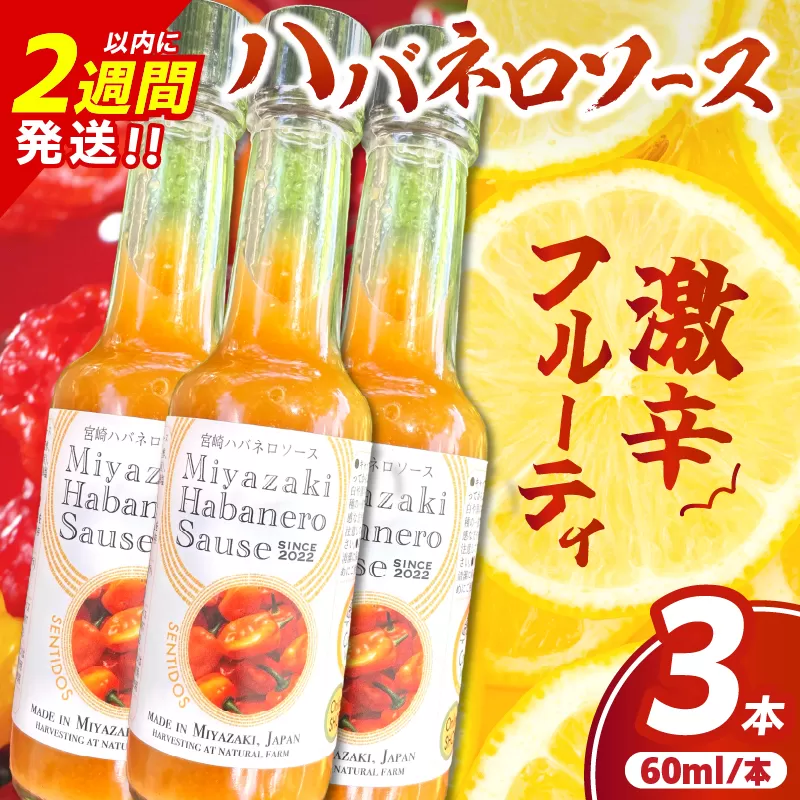 爽やか激辛食感 フルーティなハバネロソース 数量限定 宮崎 ハバネロ ソース 計3本 激辛ソース 調味料 おすすめ 加工品 オリジナル ブレンド 肉料理 パスタ ピザ ギフト プレゼント 贈り物 お取り寄せ 宮崎県 日南市 送料無料_AA64-24