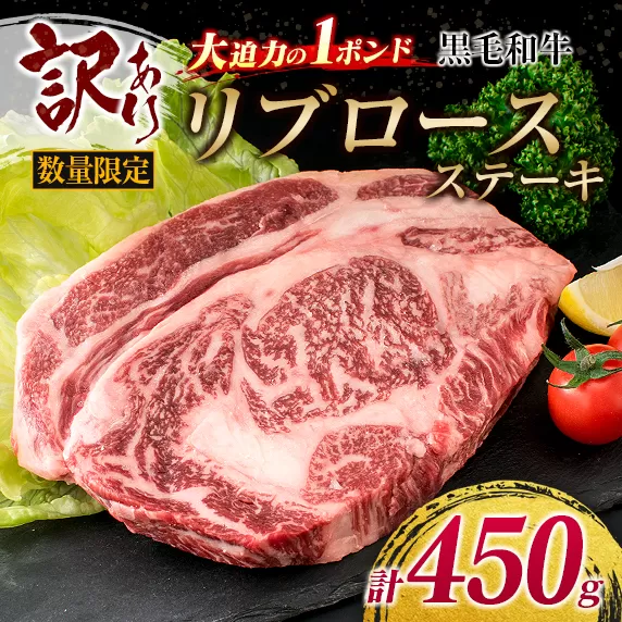 訳あり 数量限定 大迫力 1ポンド 黒毛和牛 リブロース ステーキ 計450g 牛肉 ビーフ 国産 おかず おつまみ アウトレット 食品 焼肉 BBQ バーベキュー 鉄板焼き 贅沢 ご褒美 お祝 記念日 おすすめ お取り寄せ グルメ おすそ分け 冷凍 宮崎県 日南市 送料無料_BD70-23