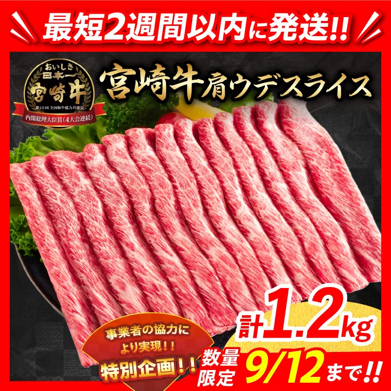 【最短2週間以内で発送】数量限定 期間限定 宮崎牛 肩ウデ スライス 計1.2kg 肉 牛肉 国産 すき焼き 人気 黒毛和牛 赤身 しゃぶしゃぶ A4 A5 等級 ギフト 贈答 小分け 食品 ミヤチク 宮崎県 送料無料_CA49-23-ZO2-2W