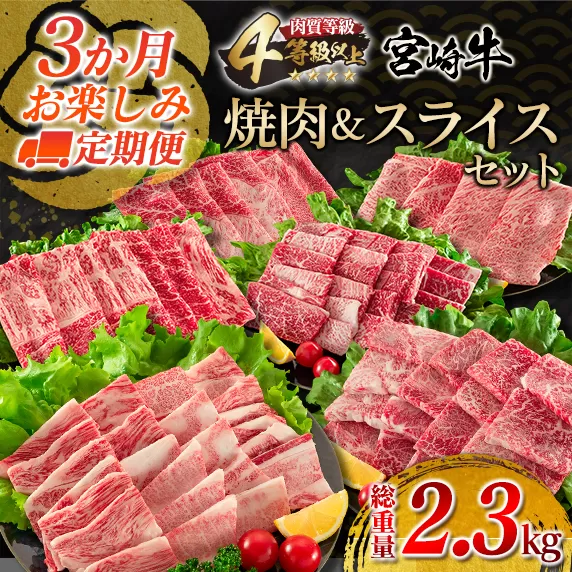 3か月 お楽しみ 定期便 宮崎牛 焼肉 スライス セット 総重量2.3kg 肉 牛 牛肉 黒毛和牛 国産 すき焼き しゃぶしゃぶ 焼き肉 日南市 送料無料_JC2-23