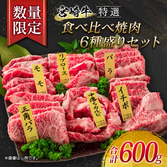 数量限定 特選 宮崎牛 食べ比べ 焼肉 6種盛り セット 合計600g 牛肉 ビーフ 黒毛和牛 ロース 肩ロース カルビ バラ 赤身肉 霜降り 中落ち BBQ 贅沢 ご褒美 お祝い 記念日 おもてなし おかず 国産 食品 おすすめ お取り寄せ グルメ 宮崎県 日南市 送料無料_EB6-21