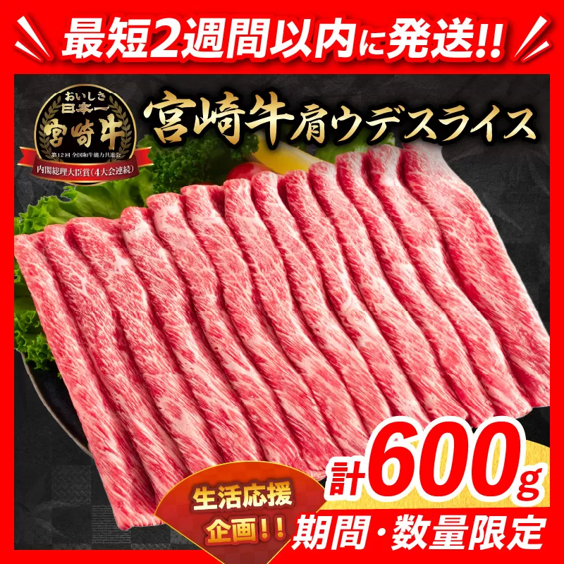 【最短2週間以内で発送】数量限定 期間限定 宮崎牛 肩ウデ スライス 計600g 肉 牛肉 国産 すき焼き 人気 黒毛和牛 赤身 しゃぶしゃぶ A4 A5 等級 ギフト 贈答 小分け 食品 ミヤチク 宮崎県 日南市 送料無料_BB131-23-ZO2-2W