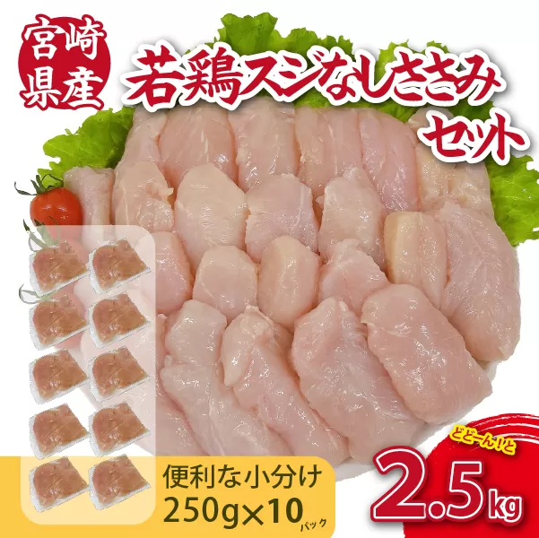 【手間いらず！】宮崎県産若鶏スジなしささみ2.5kgセット（250g×10P 国産 鶏肉 若鶏 ササミ 大容量 冷凍）