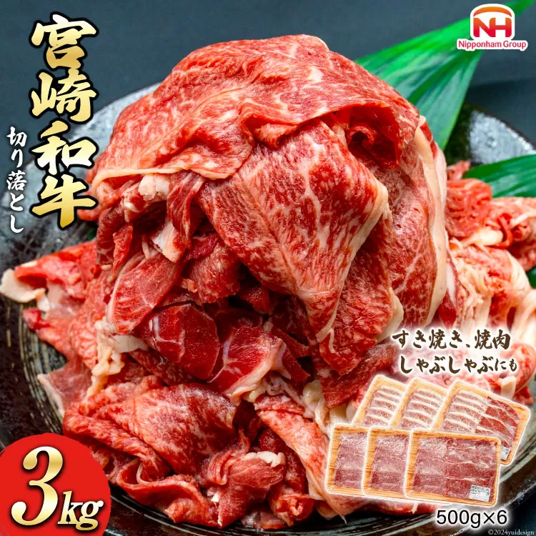 牛肉 宮崎県産 和牛 切り落とし 3kg 500g×6p [日本ハムマーケティング 宮崎県 日向市 452060786] 冷凍 小分け 個包装 牛 すき焼き もも肉 モモ肉 牛バラ 牛肩