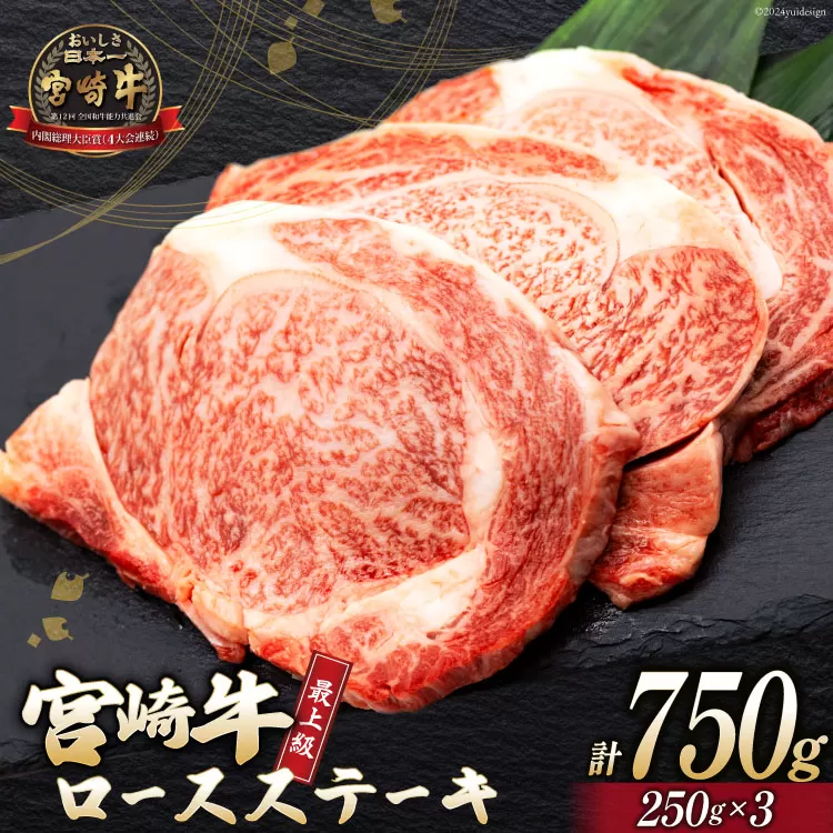 【最上等級使用！】 牛肉 宮崎牛 ロース ステーキ 250g × 3枚 計750g [ミヤチク 宮崎県 日向市 452060772] 小分け 個包装 和牛 ブランド牛 黒毛和牛 冷凍 4等級 5等級