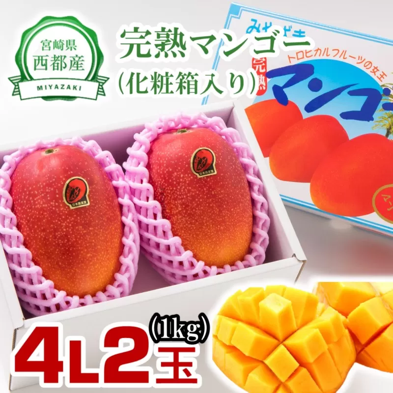 【先行予約】西都産完熟マンゴー大玉！4Ｌ×2玉（約1ｋｇ）化粧箱入り 2025年発送＜1.5-178＞果物 くだもの フルーツ 高級フルーツ 宮崎県 西都市