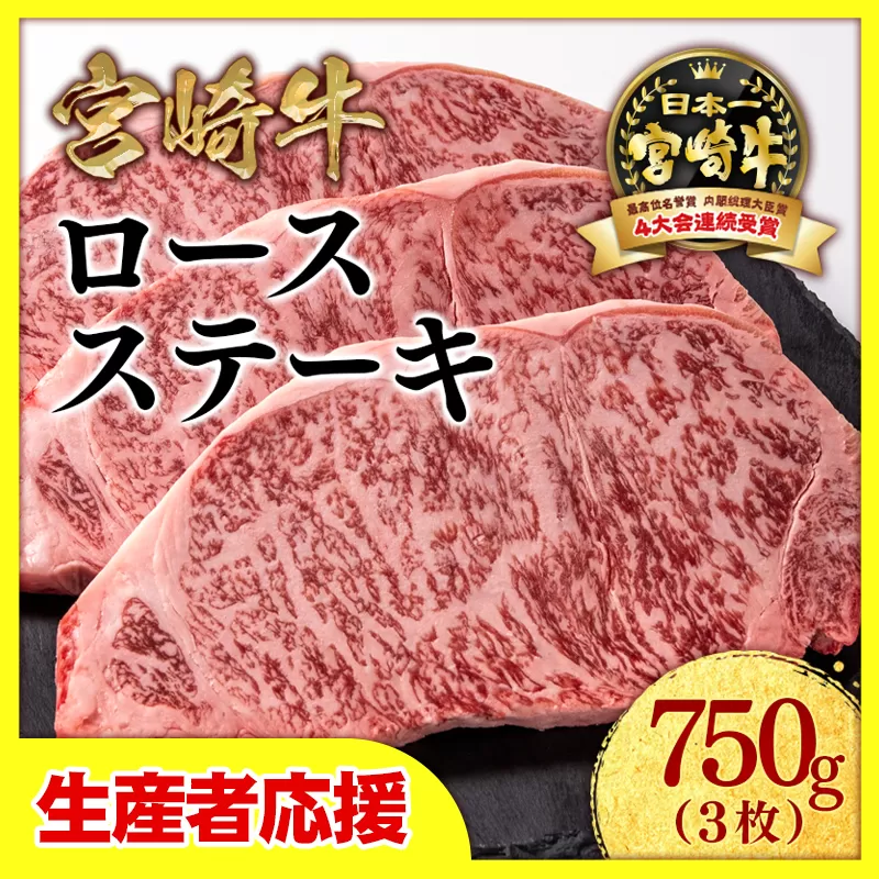 【生産者応援】宮崎牛ロースステーキ3枚（250ｇ×3枚）内閣総理大臣賞４連続受賞 4等級以上【1月発送】〈2.2-14〉西都市 牛肉 ステーキ肉 黒毛和牛