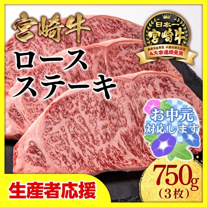 【お中元のし付き】【生産者応援】宮崎牛ロースステーキ3枚（250ｇ×3枚）　内閣総理大臣賞４連続受賞〈2.2-14-3〉