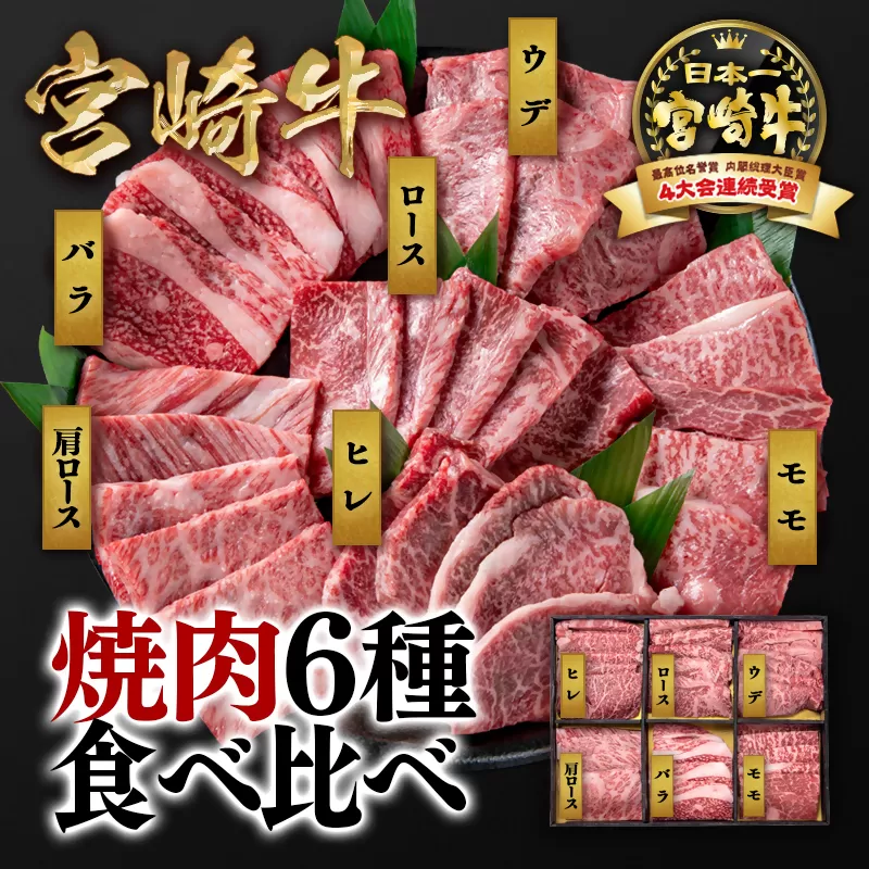 宮崎牛焼肉6種盛り 食べ比べセット600ｇ ミヤチク 内閣総理大臣賞４連続受賞 4等級以上<2.1-12>宮崎牛 牛肉  西都市 国産牛 焼肉 日本一 黒毛和牛