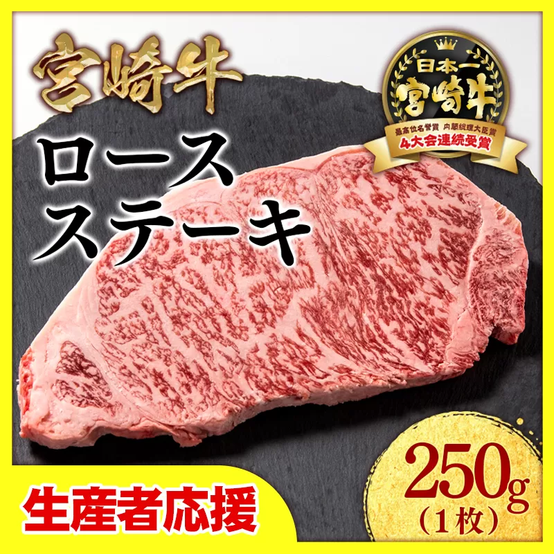 【生産者応援】宮崎牛ロースステーキ1枚（250ｇ×1枚）内閣総理大臣賞４連続受賞 4等級以上〈0.8-1〉西都市 牛肉 ステーキ肉  黒毛和牛 