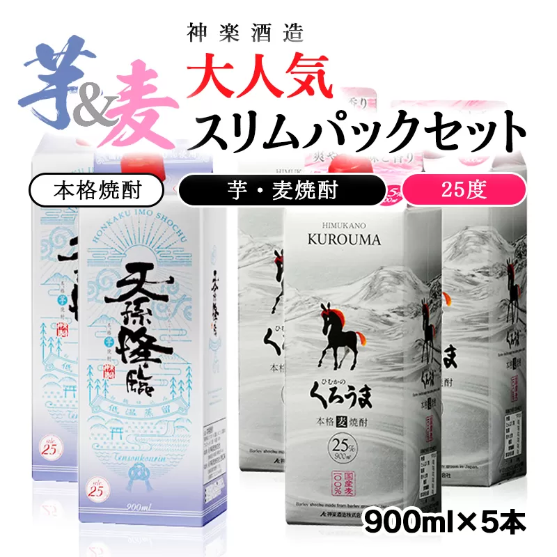 神楽酒造　大人気「芋・麦焼酎」スリムパックセット　900ｍｌ×5本<1.6-12>宮崎県 西都市 焼酎 酒 本格焼酎